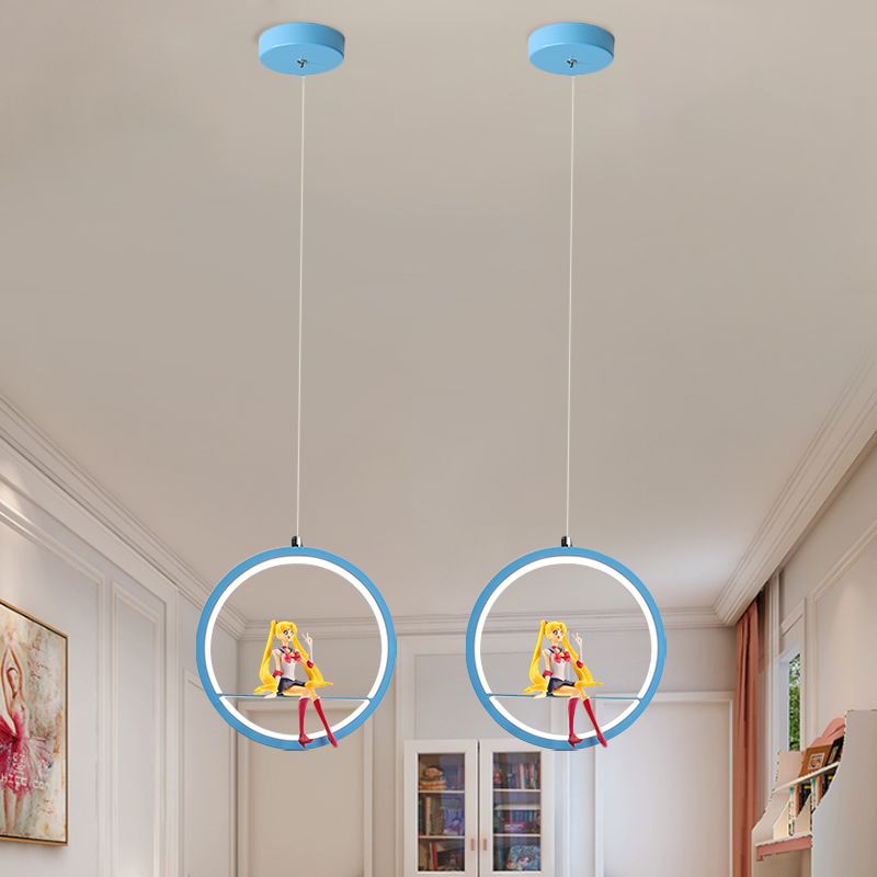 Round Girls Bedroom Pendant Chandelier Metallic LED Cartoon Hanging Light with Girl Decor in Pink/Blue
