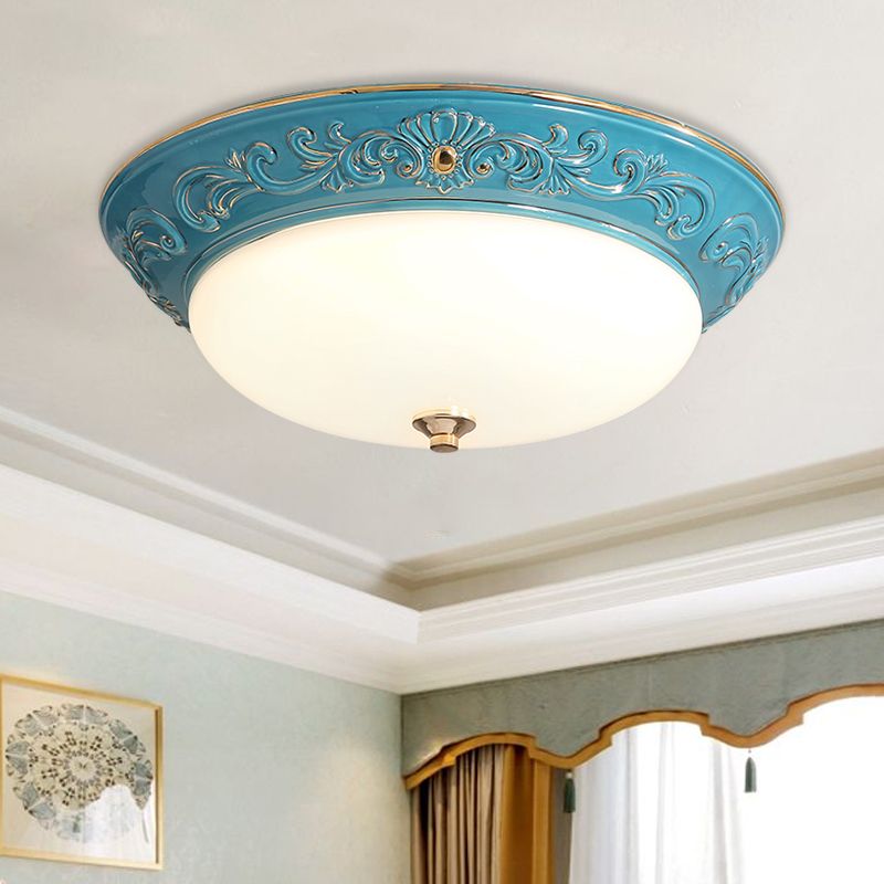 Oblong Bedroom Flush Mount Light Antiqued White Glass Yellow/Blue/Light Blue LED Flush Lamp, 12"/14.5"/17" Wide