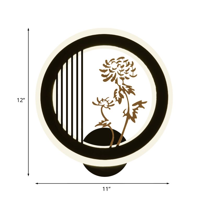 Chrysanths/Orchid Flower LED Mural Light Chinese Acrylic Living Room Hoop Wall Lighting Fixture in Black