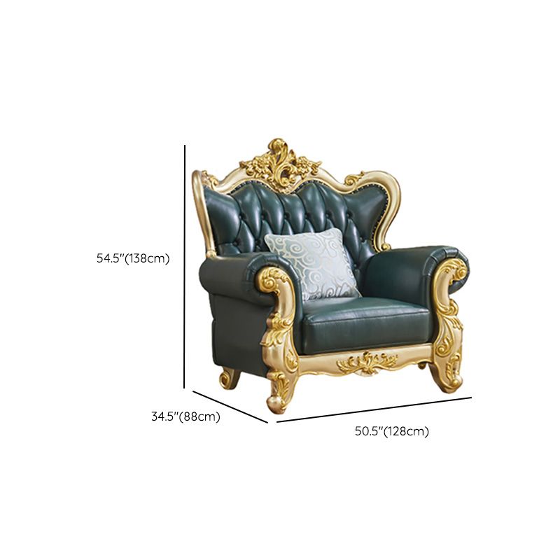 Tufted Split-Back Sofa Green Genuine Leather Rolled Arm Sofa with Nailhead