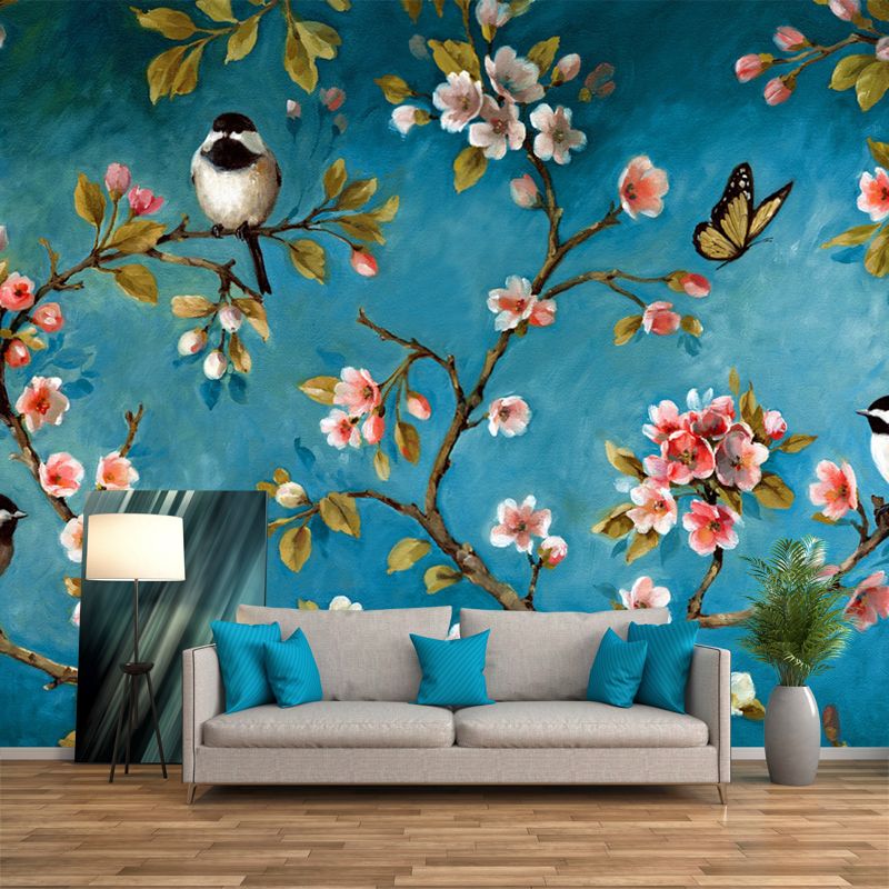 Pink-Blue Birds Mural Decal Branch with Florets Eco-Friendly Wall Art for Bedroom