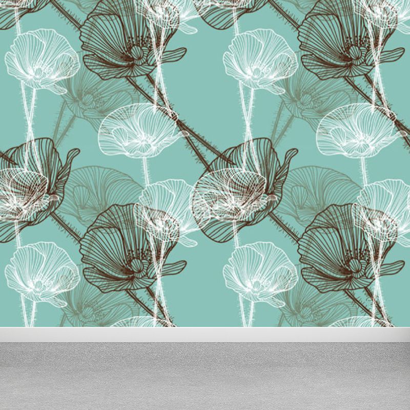 Contemporary Flower Blossom Wall Mural Non-Woven Waterproofing Blue Wall Art for Playroom