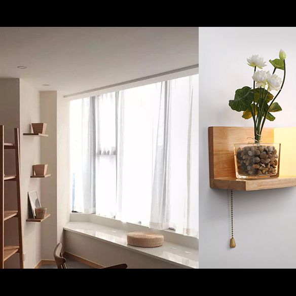 Nordic Style Solid Wood Wall Sconce White Square Glass Shade Wall Mount Light with Hand-pull Switch