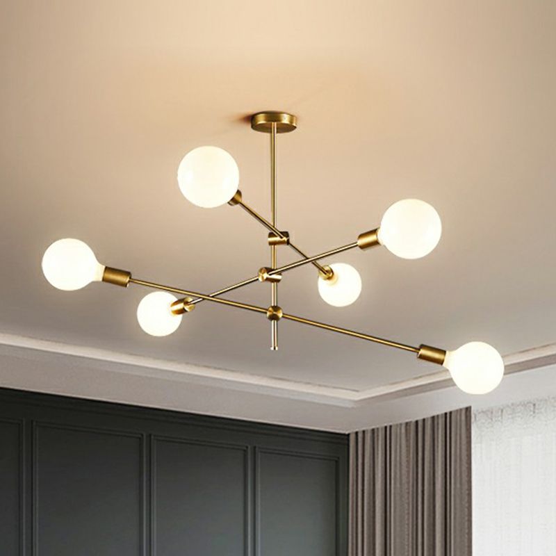 Glass Ball Chandelier Lamp Minimalism Brass Finish Hanging Light with Movable Arm for Living Room