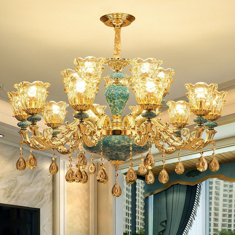 Luxe traditionele bloem omhoog kroonluchter helder glazen ophanging licht in blauw met kristallen druppels