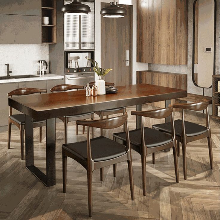 Wood Top Dining Table Industrial Rectangle Table with Sled Base in Black