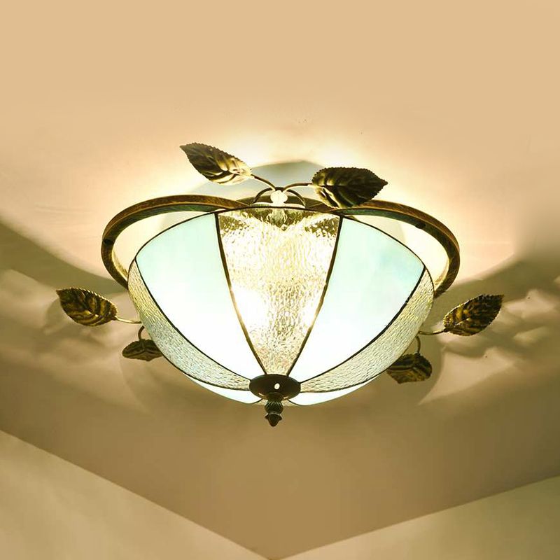 Retro Style Bowl-Shaped Ceiling Light Fixture Stained Glass 3 Bulbs Flushmount Ceiling Light in White/Blue/Clear/Blue-Clear/Green-White/Dark Blue