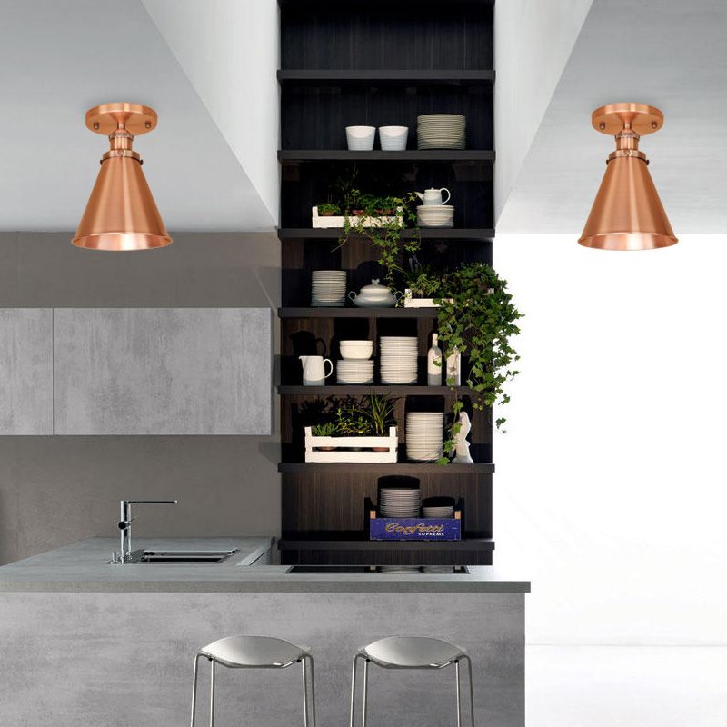 1 Light Metallic Semi Flush Light Vintage Style Rust/Copper Tapered Indoor Semi Flush Light Fixture