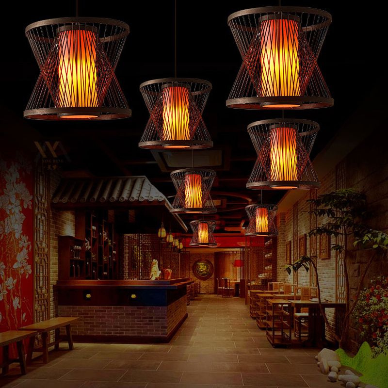 Chinese Style Bamboo Pendant Light Geometric Brown Hanging Pendant for Restaurant