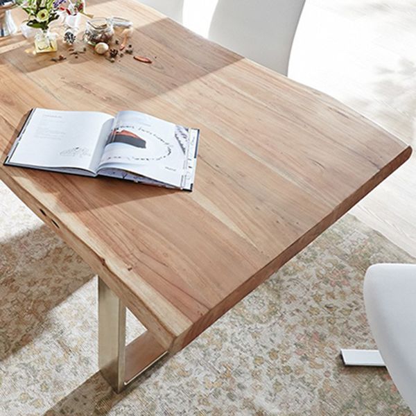 Modern Pine Wood Table for Restaurant Rectangle Dining Table with Silver Double Pedestal