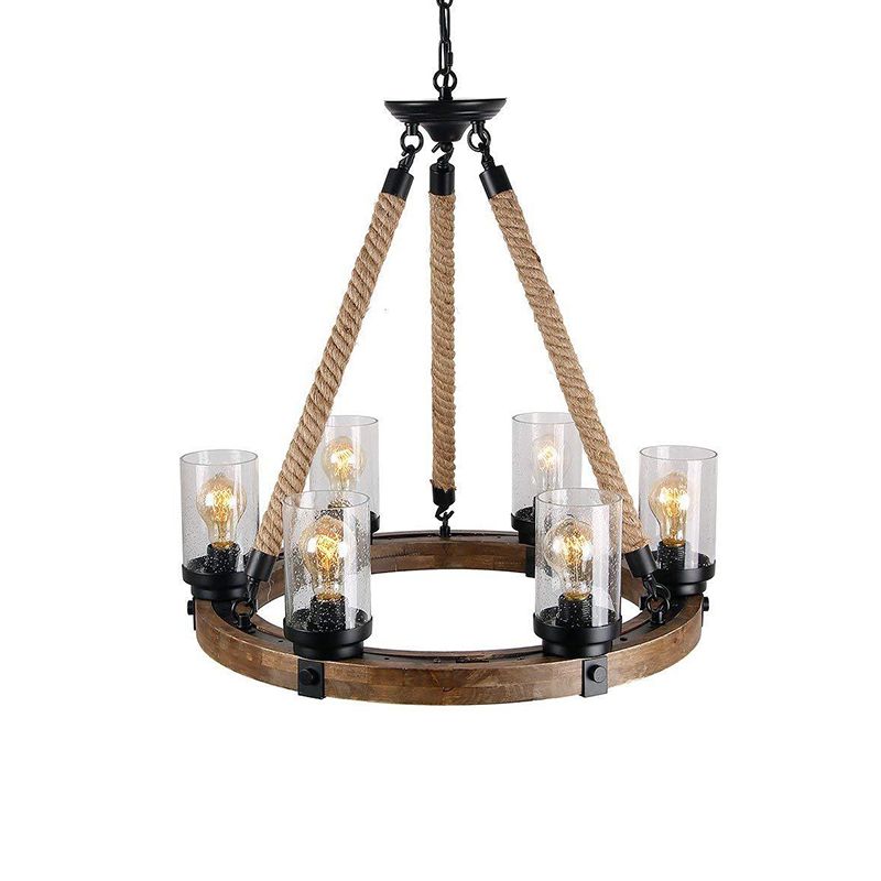 Iluminación colgante de rueda beige madera tradicional 1 lámpara de estar de sala de estar con sombra de cilindro