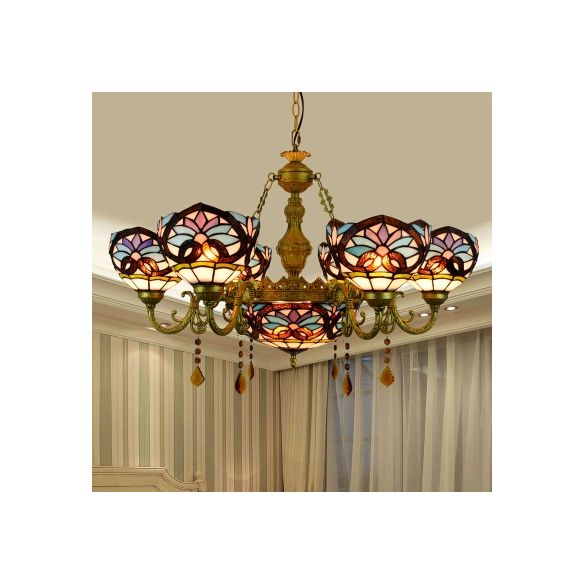 Stained Glass Bowl Shade Hanging Pendant Rustic 7 Lights Chandelier with Crystal in Blue for Bedroom