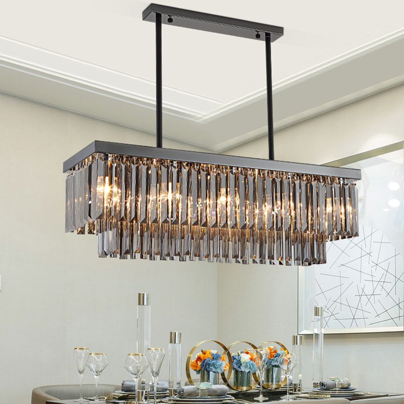 Rectangle Smoke Gray Crystal Block Island Lamp Modern 10 Lights Black Hanging Chandelier, 31.5"/39" Wide