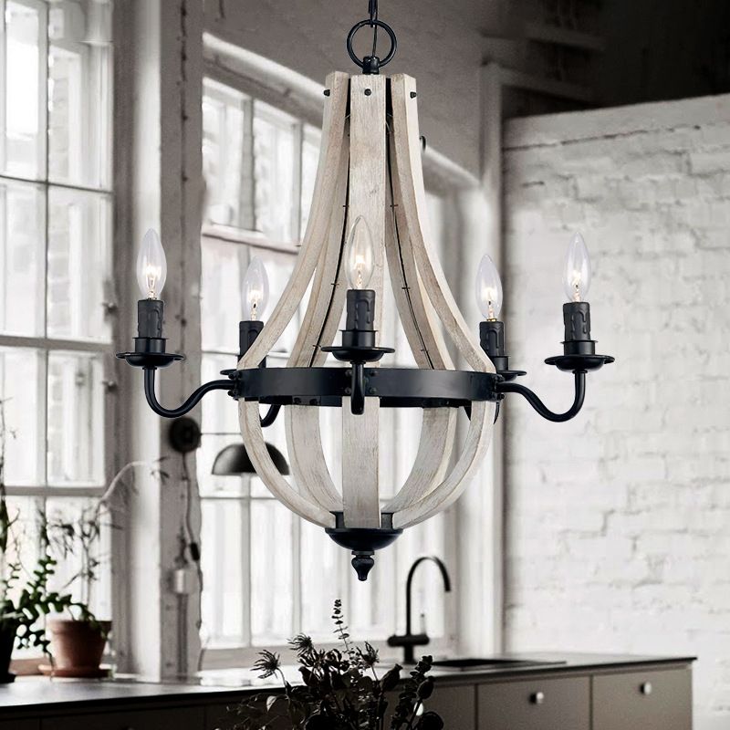 Wood Empire Chandelier Lamp Traditional 5 Lights Dining Room Ceiling Lamp with Black Arm