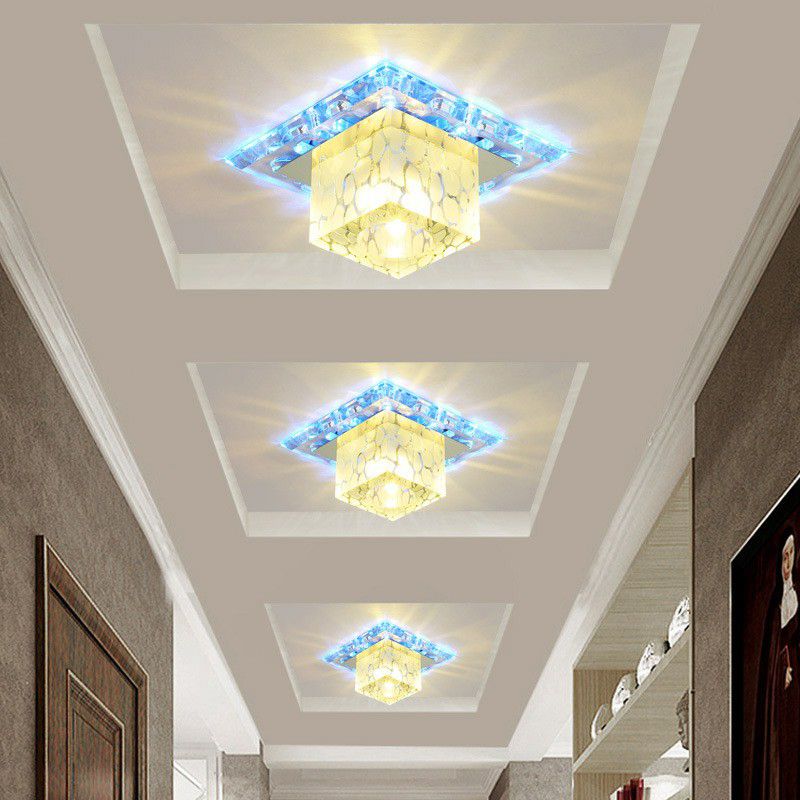 LED Hallway Ceiling Lamp Minimalist Clear Flush Mount Light with Cube Crystal Shade