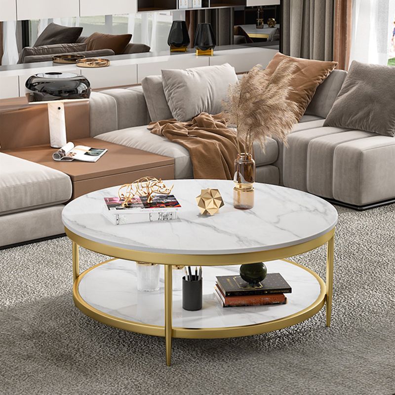 17.7" H Glam Round Slate Coffee Table Metal 4 Legs Cocktail Table with Shelf
