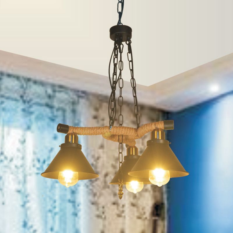 Metal Cone Chandelier Industrial Style 3/6 Lights Living Room Pendant Light in Black