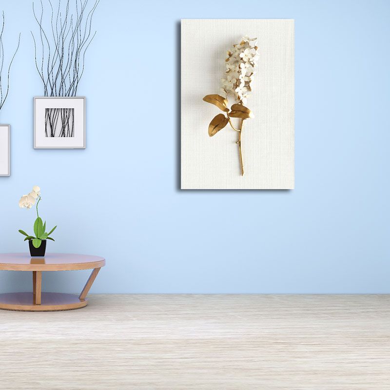 Flower Branch Wall Art Print Gold and White Canvas Wall Decor for Bedroom, Textured