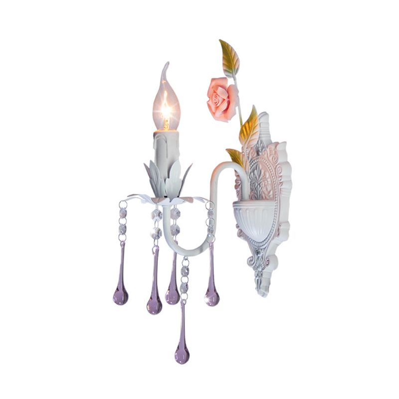 1 Bulb Wall Sconce Traditional Candlestick Faceted Crystal Wall Light Fixture in White/Green for Living Room