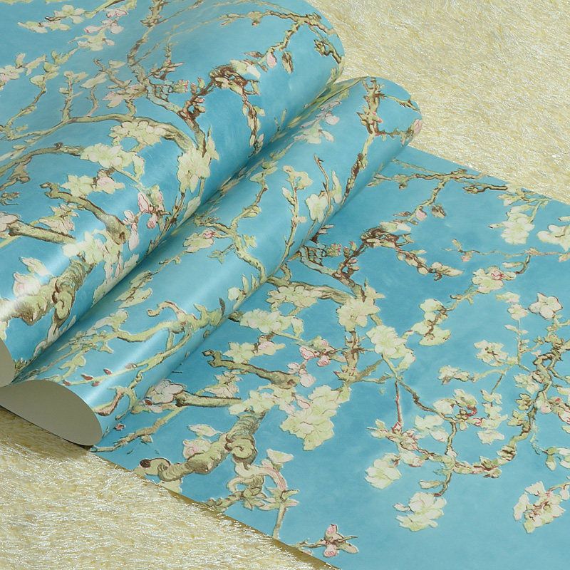 Blue and White Rural Wallpaper 20.5"W x 33'L Apricot Flower Wall Decor for Dining Room
