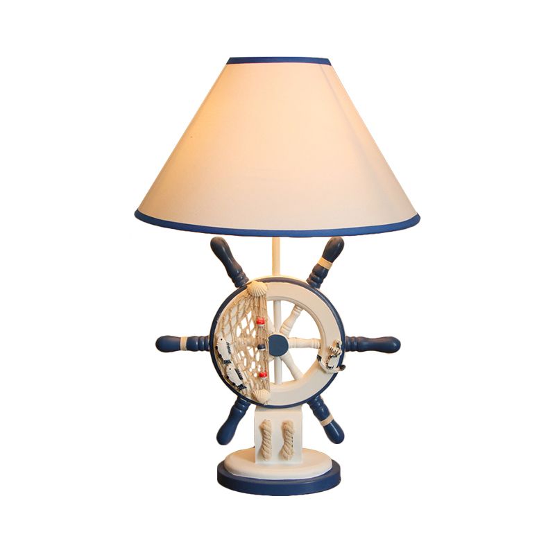 LifeBuoy / Rudder Wooden Table Light Kids Light Blue Blue Nightstand Lampe avec une teinte en tissu conique