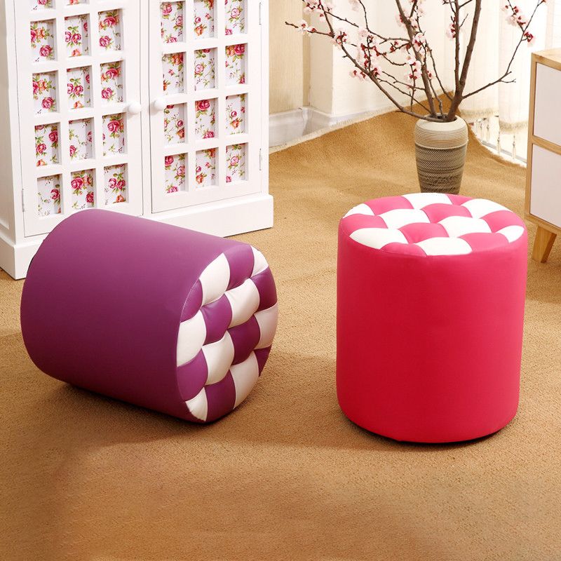 Modern Round Pouf Plaid Pattern Leather Pouf for Drawing Room