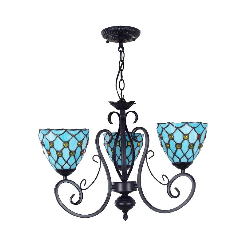 Bead Ceiling Pendant Light with Bowl Shade Blue Glass Traditional Chandelier with Metal Chain