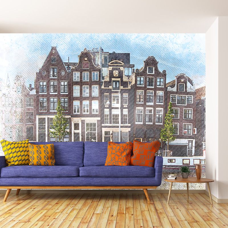 City Illustration Wall Mural Decal for Meeting Room, Moisture Resistant