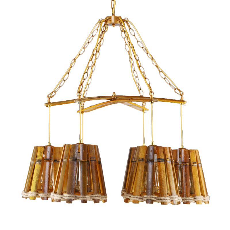 Gele 6 lichten kroonluchter lamp retro bamboe conische suspensieverlichting met natuurlijk touw
