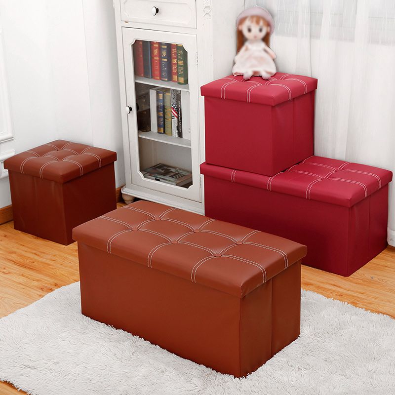 Modern Square Ottoman Foldable Water Resistant Tufted Faux Leather Ottoman with Storage