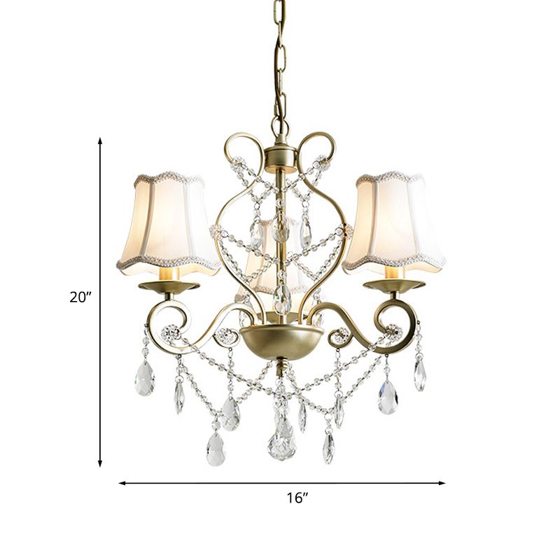 3 Heads Pendant Chandelier with Empire Shade Crystal Raindrop Retro Dining Room Suspended Lighting Fixture in Gold