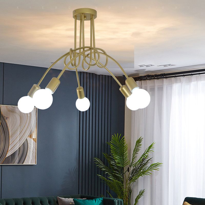 Black Winding Bend Tube Ceiling Lighting Fixture Retro Industrial Style Open Bulb Metal Flush-mount Light
