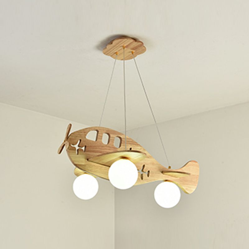 Modern Artistic Airplane Chandelier Wooden Indoor Hanging Lamp with White Glass Shade