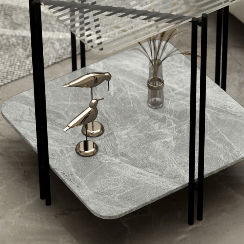 Glass Square 4 Legs Side Table 23.6" Tall End Table with Storage Shelf