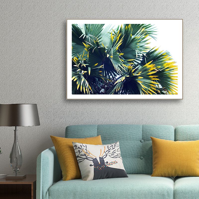 Tropical Palmetto Fan Wall Decor Green and White Botanical Canvas Art for Sitting Room