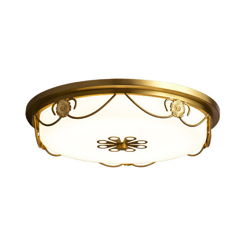 Rustic Drum Shaped LED Flush Light Opal Glass Flush Ceiling Light Fixture with Decorative Flower