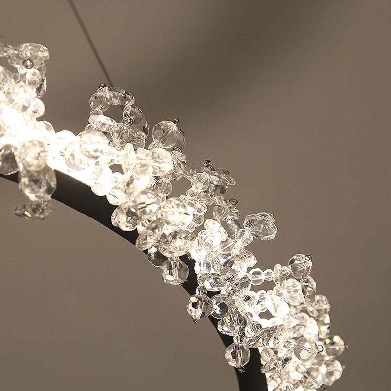 1/2/3-licht Black Ring Pendant Kroonluchter Modern Crystal Accent LED Hanglamp Lichtlijn in wit/warm licht voor woonkamer