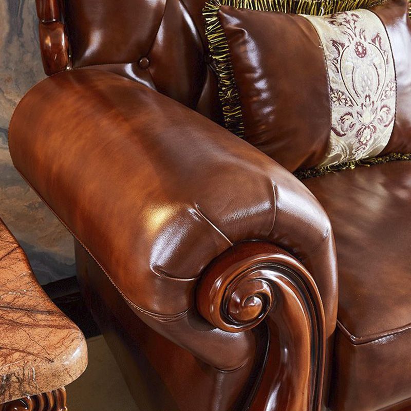Traditional Tufted Split-Back Seating Flared Arm Sofa with Pillows in Brown