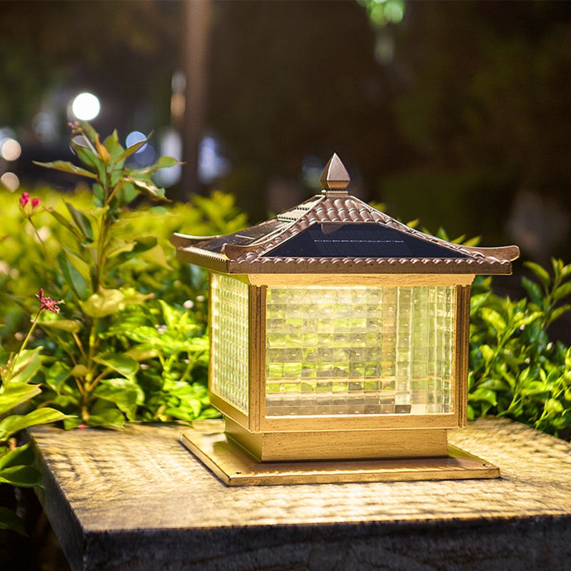1-Light Pillar Lamp Square Solar Lighting Fixture with Glass Shade for Garden