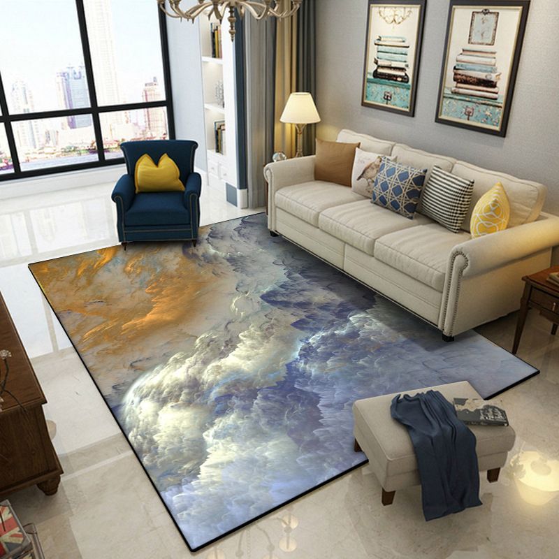 Nordic Modern Rug in Blue and Yellow Abstract Cloud Pattern Rug Polyester Washable Anti-Slip Carpet for Home Decoration