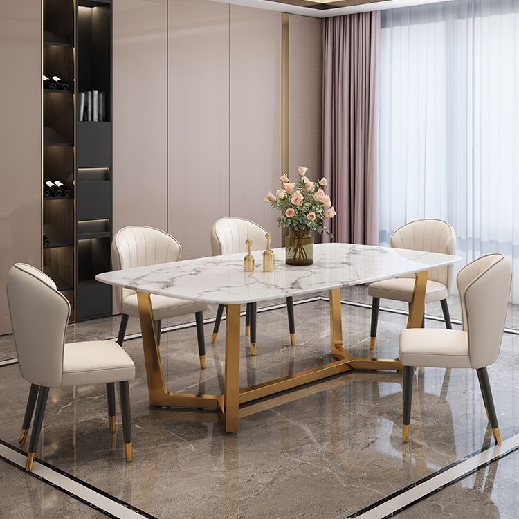 Rectangle Trestle Base Dining Table Glam Style Stone Kitchen Desk