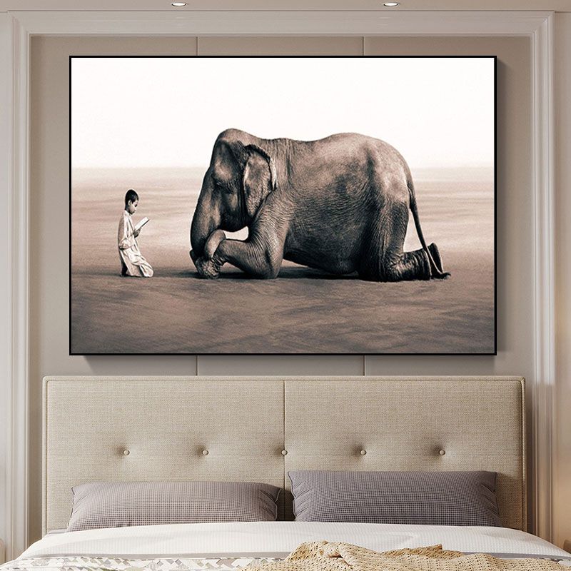 Photograph Print Modernist Canvas Art with Boy and Elephant Pattern in Black for Parlor