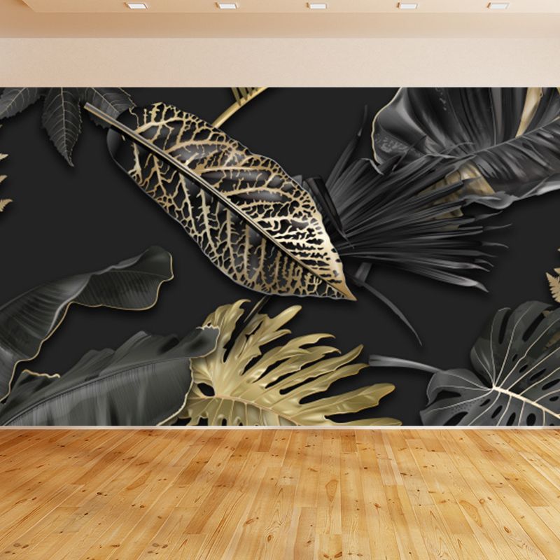 Black Leaves Mural Wallpaper Botanical Tropical Washable Wall Covering for Kitchen
