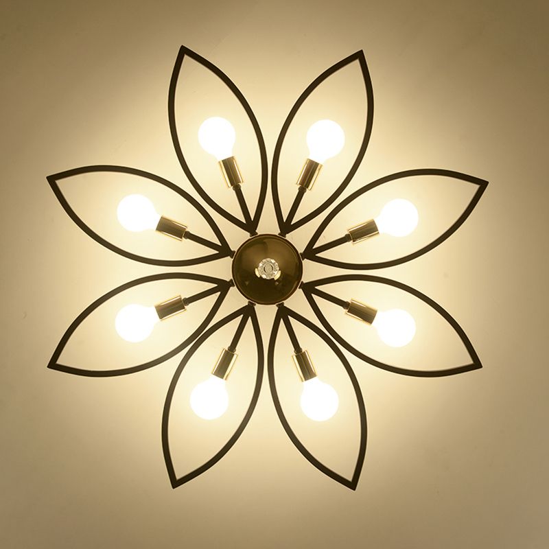 Floriated Semi Flush Mount in Industrial Retro Style Bare Bulb Metal Ceiling Light in Black