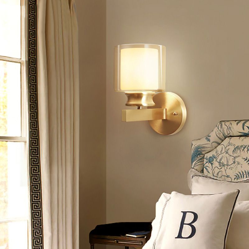 Modern Style Cylindrical Wall Sconce 1 Light Clear and White Glass Wall Mount Lamp in Brass for Bedroom