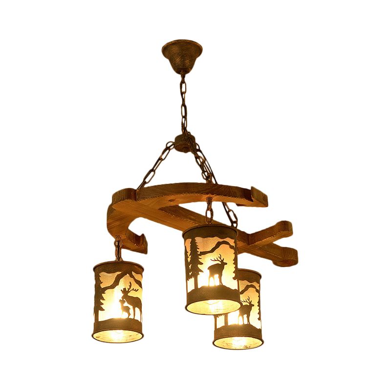 Cylinder Living Room Chandelier Rustic Wood 3 Lights Brown Hanging Fixture with Anchor Accents