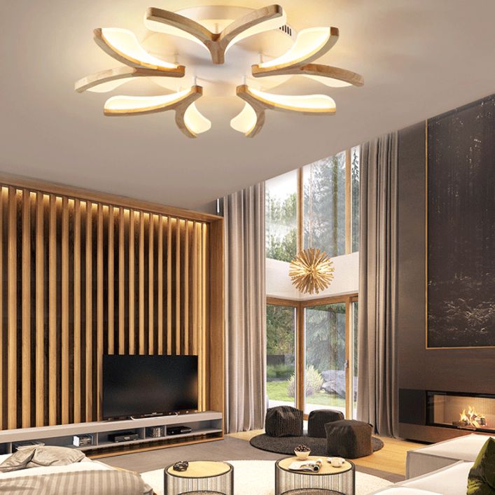 Wooden Floral Semi Flush Light Minimalist White LED Ceiling Light for Living Room