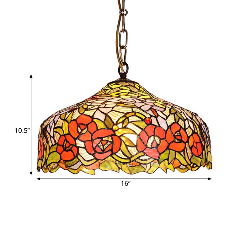 Floral Ceiling Suspension Lamp 1 Light Cut Glass Mediterranean Pendant Lighting Fixture in Red