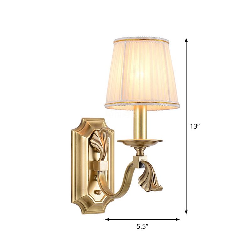 Pleated Fabric Cone Wall Light Traditional 1/2-Bulb Living Room Wall Sconce with Arm in Gold