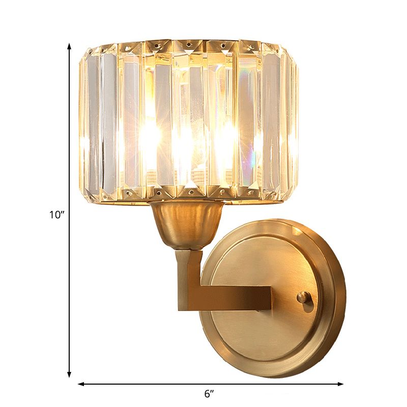 Simple 1 Light Wall Mounted Lighting Brass Drum Sconce Light Fixture with Crystal Shade